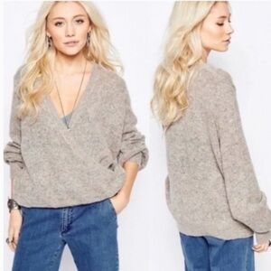 Free People Karina Slouchy Faux Wrap Knit V Neck Tan Multicolored Sweater, L